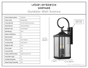 An Urban Ambiance UHP1403 Beautiful Outdoor Wall Sconce with measurements.