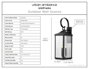 A unique and gorgeous lamp, the Urban Ambiance UHP1404 Transitional Outdoor Wall Sconce from the Calderdale Collection features a Midnight Black Finish and measures 30.625''H