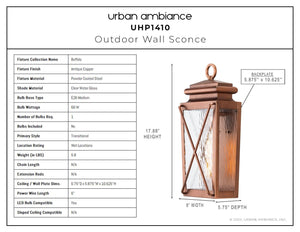 An Urban Ambiance UHP1410 Vintage Outdoor Wall Sconce 17.875''H x 8''W, Antique Copper Finish, Buffalo Collection with beautiful measurements.