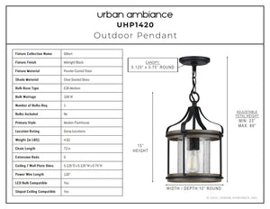 A unique lighting fixture, the UHP1420 Farmhouse Outdoor Pendant 15''H x 10''W, features a Midnight Black Finish from the Gilbert Collection by Urban Ambiance.