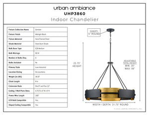 A diagram showing the dimensions of a unique chandelier in Midnight Black Finish, Gambier Collection.