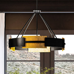A beautiful room with a unique UHP3860 Contemporary Chandelier 23.75''H x 31.75''W, Midnight Black Finish, Gambier Collection hanging over a window
