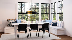 A dining room with a beautiful Urban Ambiance UHP3861 Contemporary Chandelier 20''H x 26''W, Midnight Black Finish.