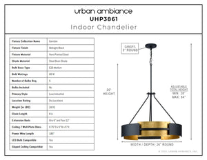 A diagram showing the dimensions of a unique Urban Ambiance UHP3861 Contemporary Chandelier 20''H x 26''W, Midnight Black Finish, Gambier Collection.