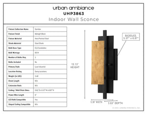A diagram showing the dimensions of a luxurious Urban Ambiance UHP3863 Contemporary Wall Sconce, Midnight Black Finish.