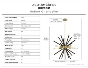 A diagram showing the dimensions of a beautiful Urban Ambiance UHP3881 Mid-Century Modern Chandelier 23.875''H x 27.625''W, Satin Gold Finish