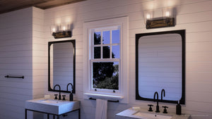 A gorgeous bathroom with two UHP3900 Farmhouse Bath Lights 8.25''H x 14.75''W, Olde Bronze Finish from the Berkeley Collection by Urban Ambiance and