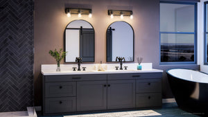 A bathroom with two unique UHP3901 Farmhouse Bath Light 8.25''H x 24.75''W, Olde Bronze Finish, Berkeley Collection sinks and a tub illuminated by