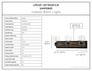 A diagram showing the dimensions of the beautiful UHP3901 Farmhouse Bath Light 8.25''H x 24.75''W, Olde Bronze Finish, Berkeley Collection by Urban Amb