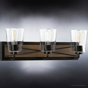 A beautiful Urban Ambiance bathroom light fixture with three glass shades, the UHP3901 Farmhouse Bath Light 8.25''H x 24.75''W, Olde