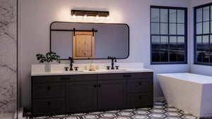 An Urban Ambiance bathroom with a UHP3902 Farmhouse Bath Light 8.25''H x 34.75''W, Olde Bronze Finish, Berkeley Collection tiled floor featuring a