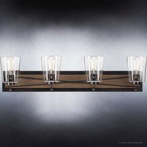 A unique lighting fixture, the Urban Ambiance UHP3902 Farmhouse Bath Light 8.25''H x 34.75''W features an Olde Bronze Finish and four