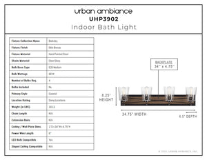A unique diagram showcasing the dimensions of the UHP3902 Farmhouse Bath Light 8.25''H x 34.75''W, Olde Bronze Finish, Berkeley Collection by Urban Amb