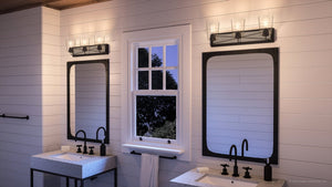 An Urban Ambiance bathroom with two beautiful UHP3904 Farmhouse Bath Lights 8.25''H x 24.75''W, Charcoal Finish, Berkeley Collection sinks and a mirror