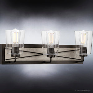A beautiful UHP3904 Farmhouse Bath Light 8.25''H x 24.75''W unique bathroom fixture with three glass shades by Urban Ambiance.