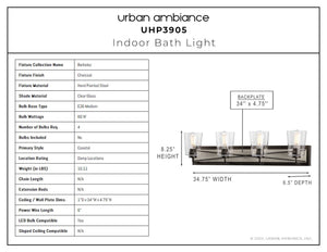 A diagram showing the dimensions of the beautiful UHP3905 Farmhouse Bath Light 8.25''H x 34.75''W, Charcoal Finish, Berkeley Collection from Urban