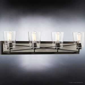 Four UHP3905 Gorgeous Farmhouse Bath Lamp 8.25''H x 34.75''W, Charcoal Finish, Berkeley Collection lighting fixture with glass shades by Urban Amb