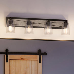 A luxurious bathroom with a unique UHP3905 Farmhouse Bath Light 8.25''H x 34.75''W, Charcoal Finish, Berkeley Collection by Urban Ambiance barn door
