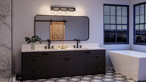 A bathroom with a unique lighting fixture, a Urban Ambiance UHP3905 Farmhouse Bath Light 8.25''H x 34.75''W, Charcoal Finish, Berkeley Collection