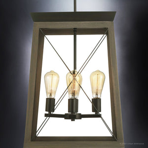 Three unique UHP3906 Industrial Chandeliers 20.125''H x 15.5''W, Olde Bronze Finish, Berkeley Collection hanging from a wooden frame.
