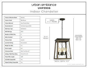 A diagram showing the dimensions of a unique UHP3906 Industrial Chandelier.