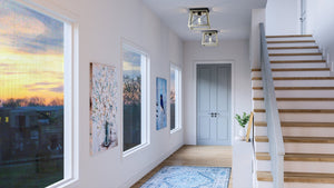 An image of a unique Industrial Ceiling Light 7.625''H x 9.5''W, Charcoal Finish, Berkeley Collection from Urban Ambiance in a hallway with stairs and windows.