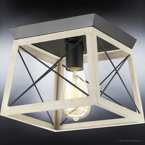 A gorgeous Urban Ambiance UHP3909 Industrial Ceiling Light 7.625''H x 9.5''W, Charcoal Finish, Berkeley Collection lamp with a square frame and