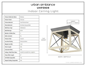 A diagram showing the dimensions of a beautiful Urban Ambiance UHP3909 Industrial Ceiling Light 7.625''H x 9.5''W, Charcoal Finish, Berkeley Collection.