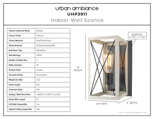Urban Ambiance - UHP3911 Industrial Wall Sconce 12''H x 6.875''W, Charcoal Finish, Berkeley Collection, unique lighting fixture.