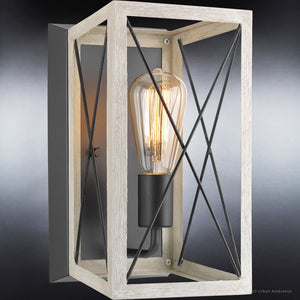 A beautiful industrial wall sconce with a wooden frame and a light bulb by Urban Ambiance.