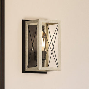 An UHP3911 Industrial Wall Sconce fixture with a light on it from Urban Ambiance's Berkeley Collection, showcasing a luxurious and gorgeous charcoal finish.
