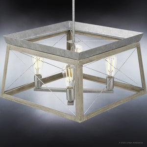 An Urban Ambiance UHP3912 Industrial Chandelier 12''H x 20''W, Galvanized Steel Finish, Berkeley Collection with a unique square shape and metal frame.