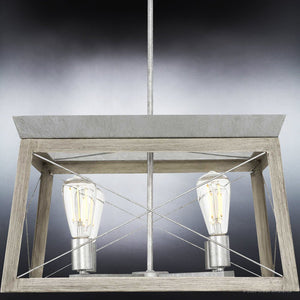 Three UHP3912 Industrial Chandeliers 12''H x 20''W, Galvanized Steel Finish, Berkeley Collection hanging from a wooden frame - unique lighting fixture.