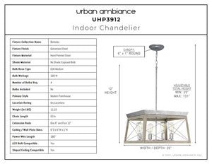 A beautiful lighting fixture showcasing the dimensions of the UHP3912 Industrial Chandelier 12''H x 20''W, Galvanized Steel Finish, Berkeley Collection by Urban Ambiance.