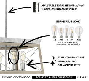 The beautiful instructions for how to install the UHP3912 Industrial Chandelier 12''H x 20''W, Galvanized Steel Finish, Berkeley Collection by Urban Ambiance.