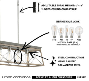 Urban ambience - UHP3913 Industrial Chandelier 9''H x 38''W, Galvanized Steel Finish, Berkeley Collection, luxury.