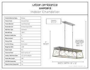 A diagram showing the dimensions of a beautiful Urban Ambiance UHP3913 Industrial Chandelier.