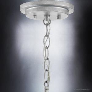 A beautiful Urban Ambiance UHP3915 Industrial Pendant 9''H x 10''W, Galvanized Steel Finish lighting fixture from the Berkeley Collection with a chain hanging from it.