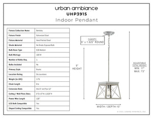 A diagram showing the dimensions of the beautiful Berkeley Collection pendant light by Urban Ambiance.