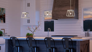 A kitchen with beautiful stools and a unique counter top featuring the UHP3915 Industrial Pendant 9''H x 10''W, Galvanized Steel Finish, Berkeley Collection from Urban Ambiance.