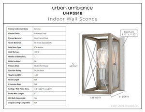 Beautiful Urban Ambiance - UHP3918 Industrial Wall Sconce 12''H x 6.875''W, Galvanized Steel Finish, Berkeley Collection.