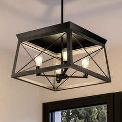 An Urban Ambiance UHP3919 Industrial Chandelier, beautiful hanging over a window in a room.