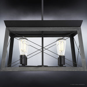 Two unique UHP3919 Industrial Chandeliers hanging from an Urban Ambiance black metal frame.