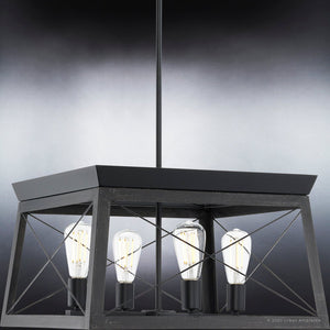 A unique and gorgeous UHP3919 Industrial Chandelier 12''H x 20''W, Midnight Black Finish from the Berkeley Collection by Urban Ambiance with four lights hanging from it.
