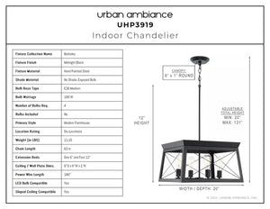 A diagram of the UHP3919 Industrial Chandelier 12''H x 20''W showcasing its gorgeous dimensions and stunning Midnight Black Finish.