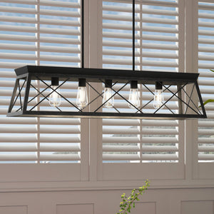 A luxurious UHP3920 Industrial Chandelier with a gorgeous Midnight Black Finish from the Berkeley Collection by Urban Ambiance elegantly hangs over a window with shutters.
