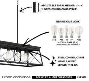 Urban Ambiance - UHP3920 Industrial Chandelier 9''H x 38''W, Midnight Black Finish, Berkeley Collection chandelier.