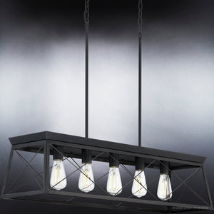 A gorgeous UHP3920 Industrial Chandelier 9''H x 38''W with four bulbs hanging from it.