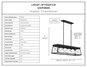 A beautiful lighting fixture diagram displaying the dimensions of an UHP3920 Industrial Chandelier 9''H x 38''W, Midnight Black Finish from Berkeley Collection by Urban Ambiance.