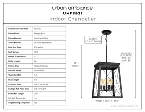 A diagram displaying the dimensions of a beautiful Urban Ambiance UHP3921 Industrial Chandelier 21''H x 15.5''W, Midnight Black Finish, Berkeley Collection.